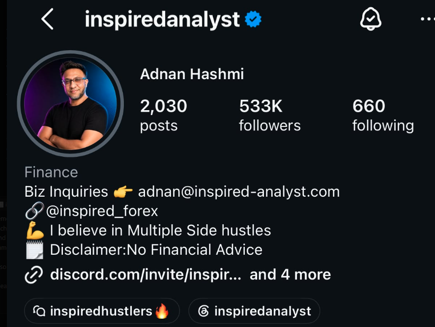 Inspired Analyst verified Instagram profile with 533K followers after five years of daily videos edited by finance video editor Hammad J.