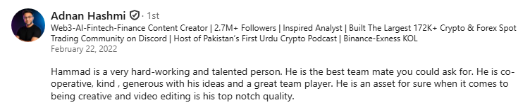 Public LinkedIn recommendation from Adnan Hashmi of Inspired Analyst praising finance video editor Hammad J., posted February 2022