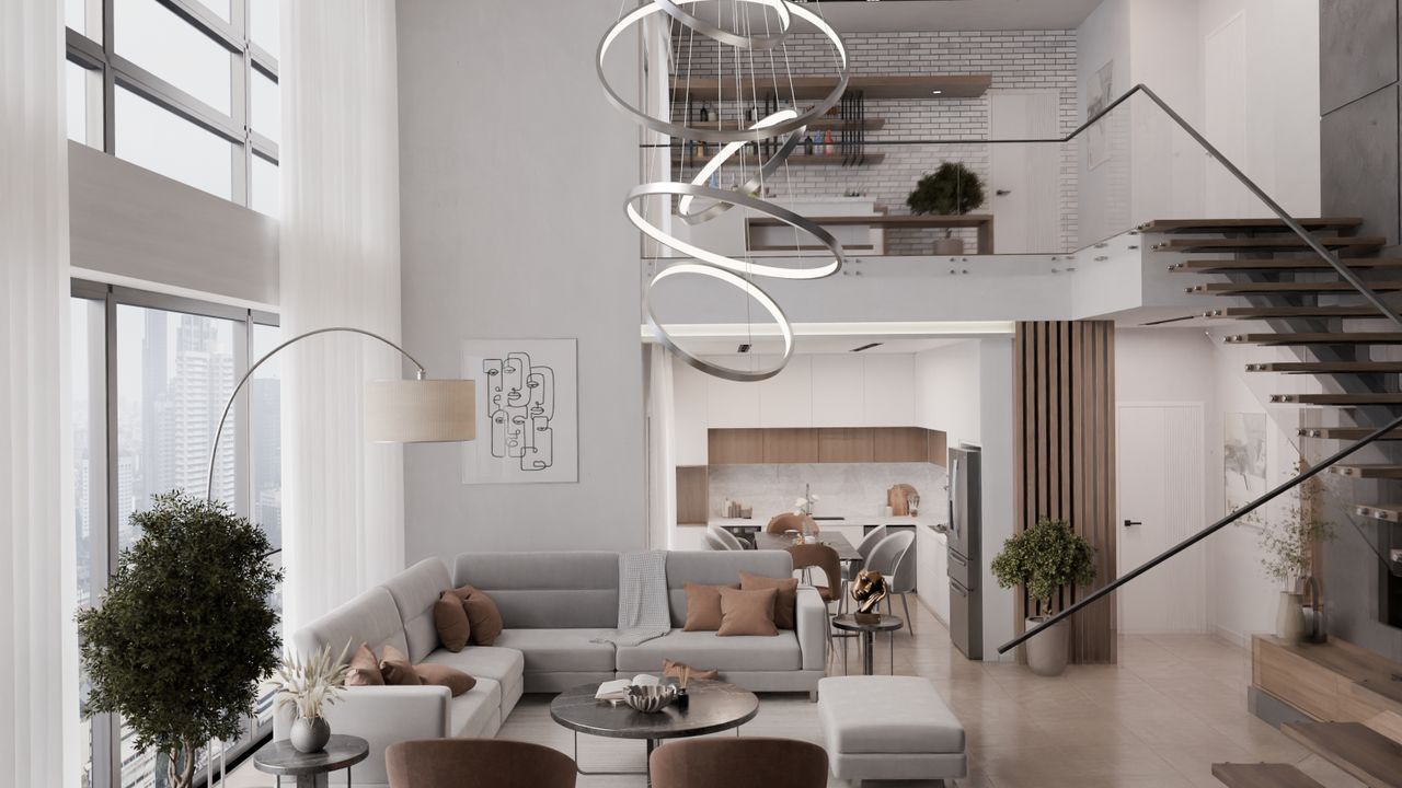 Luxury home interior in a home tour video edit — high ceilings, styled living space