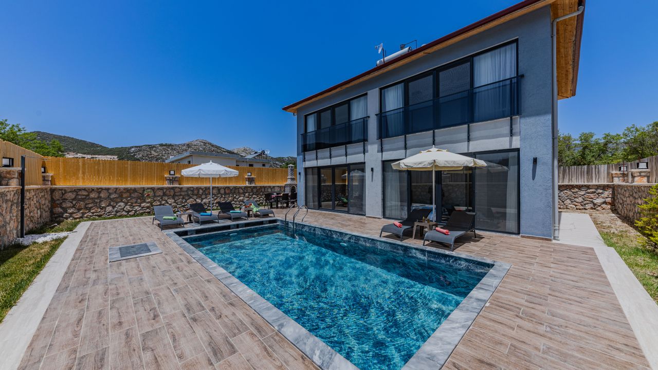 Luxury villa exterior with a swimming pool in a real estate video